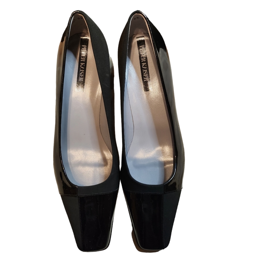 Peter Kaiser Vengen Black Patent Leather Suede Block Heels Size 8.5